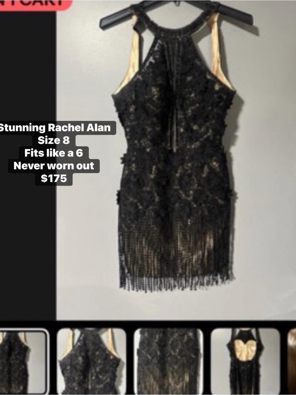 Rachel Allan Black Dress with Gold Lining and Fringe